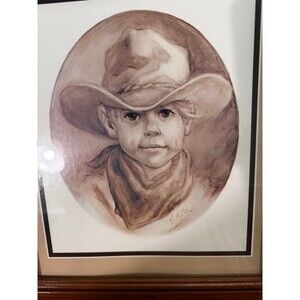 Vel Miller Vintage Little Cowboy Signed Print Art Wooden Frame Picture 15 x 13